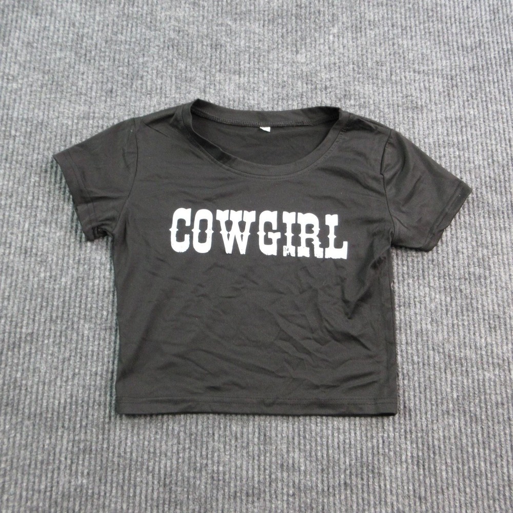 Cowgirl Shirt Womens Small Black Graphic Western Print Slim Fit Crop Graphic Tee